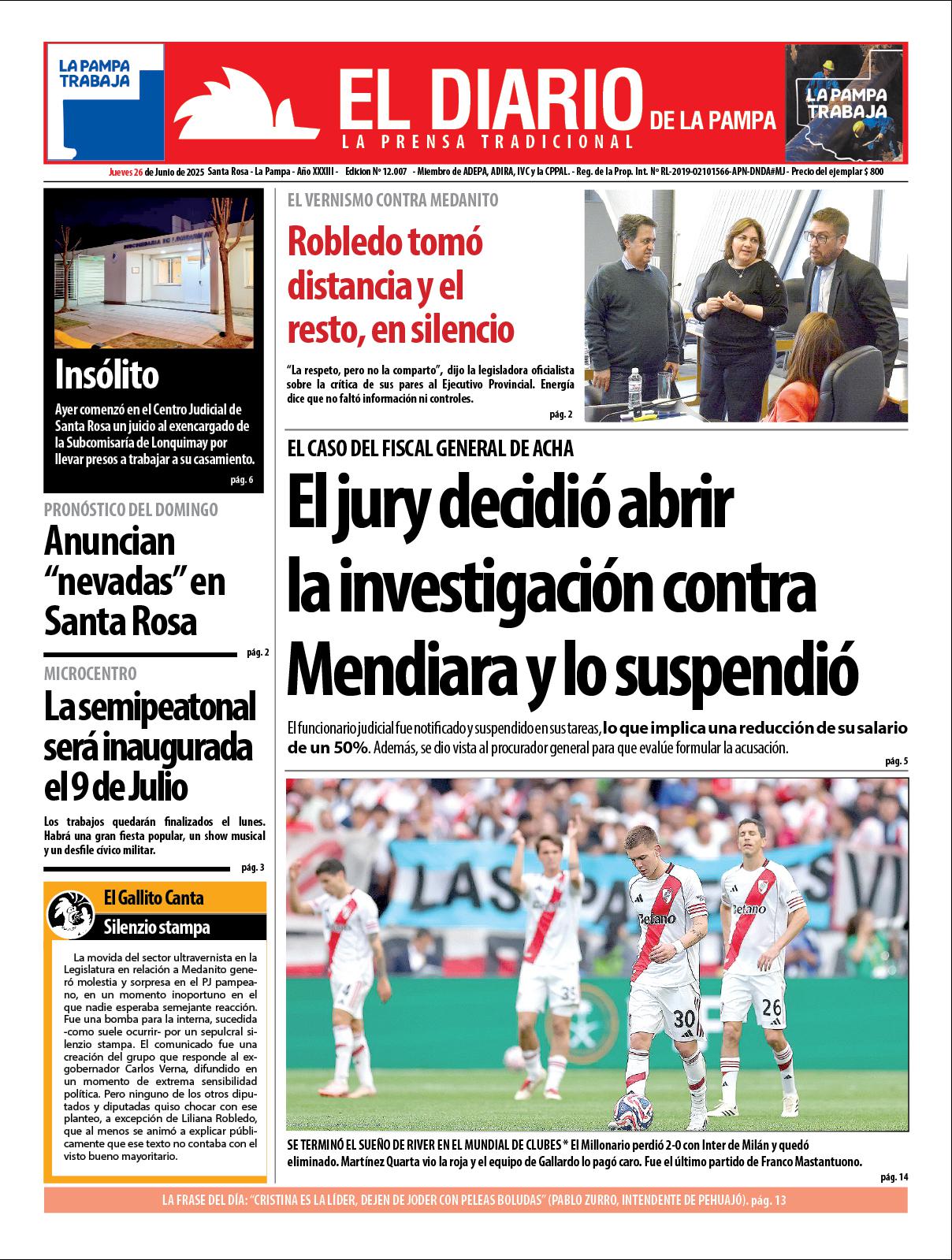 Tapa de El Diario en papel  jueves 26 de junio de 2025